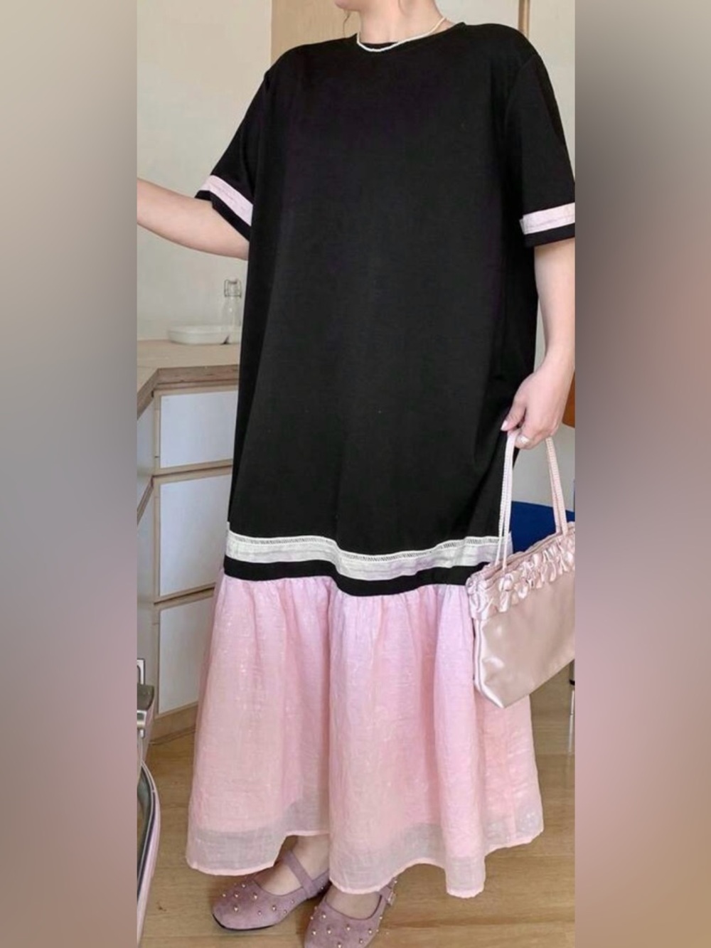 SHEIN Black and Light Pink Contrast Maxi Dress